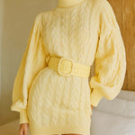ElevenOra Chic Elegant Light Yellow High-Neck Fitted Belted Long-Sleeve Cable Knit Mini Dress