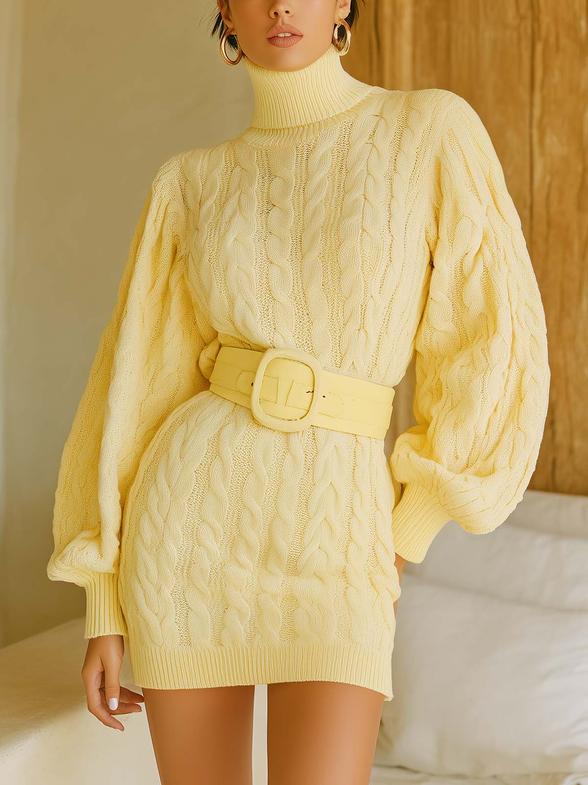 ElevenOra Chic Elegant Light Yellow High-Neck Fitted Belted Long-Sleeve Cable Knit Mini Dress