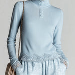 ElevenOra Casual Chic Light Blue Lace-Trimmed Turtleneck Button-Detail Elegant Knit Top