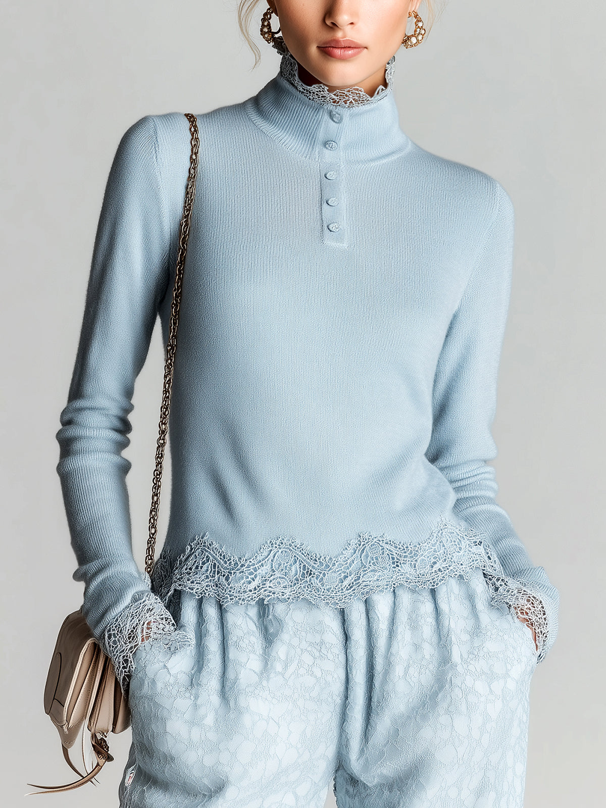 ElevenOra Casual Chic Light Blue Lace-Trimmed Turtleneck Button-Detail Elegant Knit Top