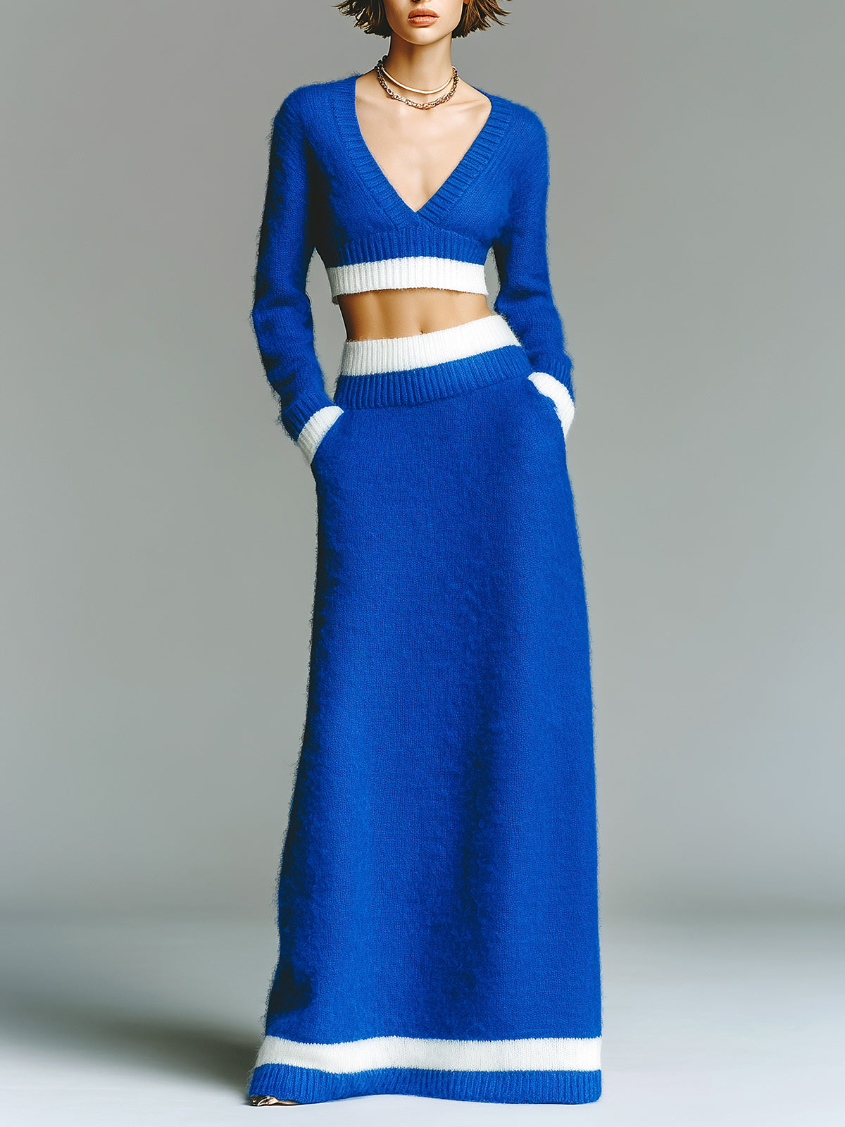 ElevenOra Chic Vintage Colorblock V-Neck Slim-Fit Long-sleeve MIni Sweater Elastic Waist Maxi Skirt Knit Two-piece Set