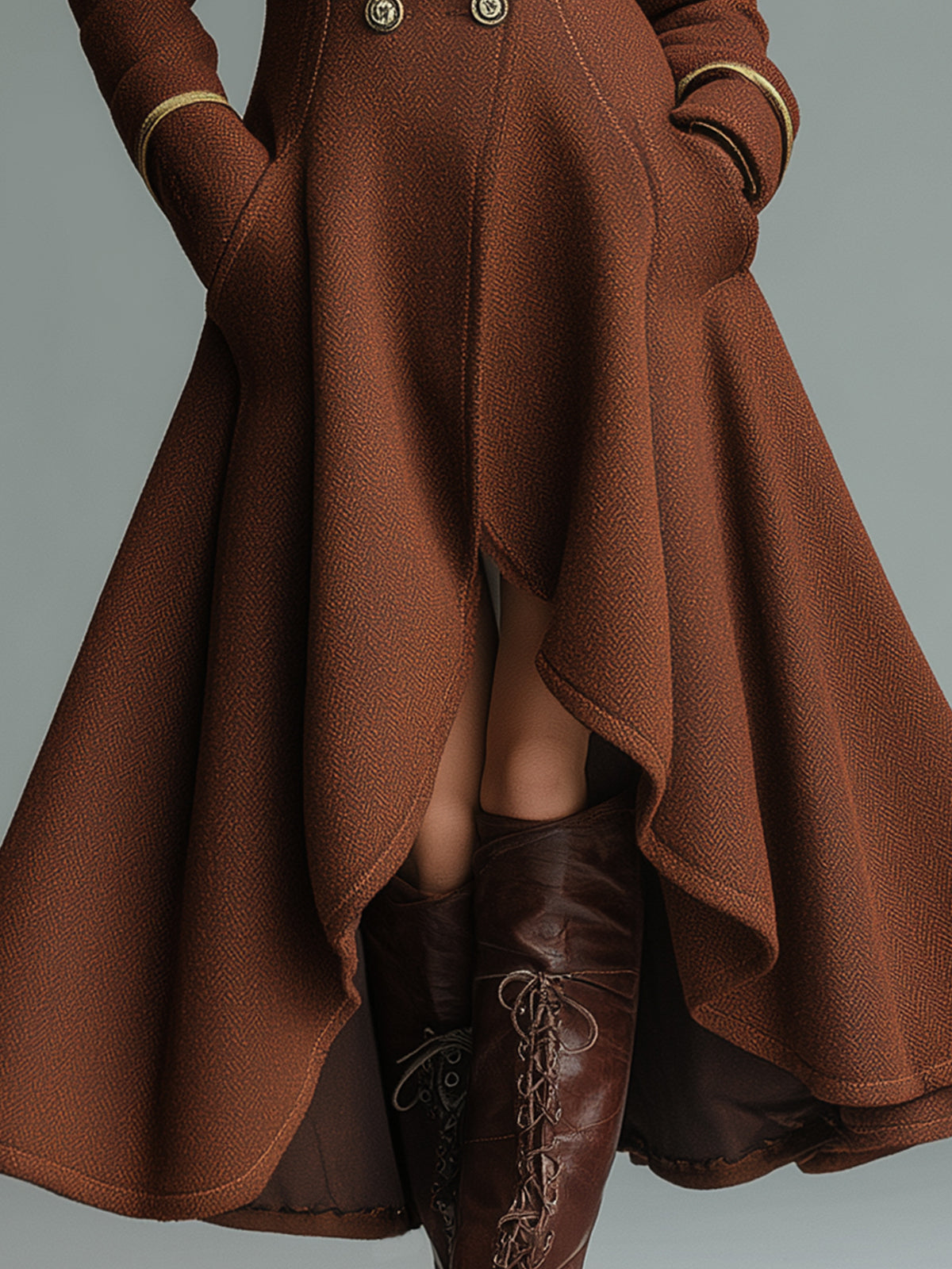 ElevenOra Vintage Wool Blend Lapel Double-Breasted Tailored Waist Asymmetrical Flared Hem Long Coat