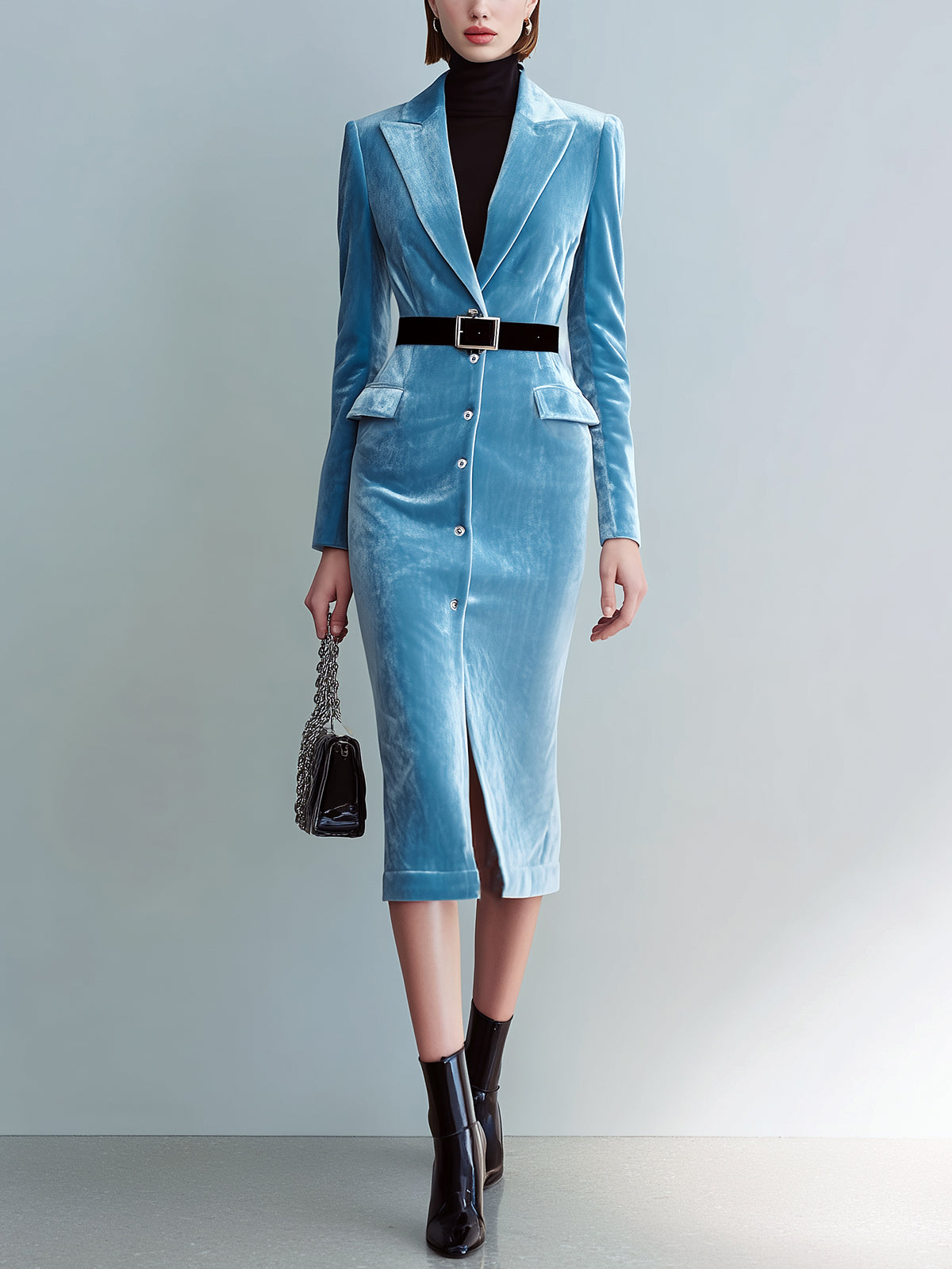 ElevenOra Vintage Elegant Baby Blue Velvet Peaked Collar Single-Breasted Tailored Waist Belted Long Sleeve Midi Dress