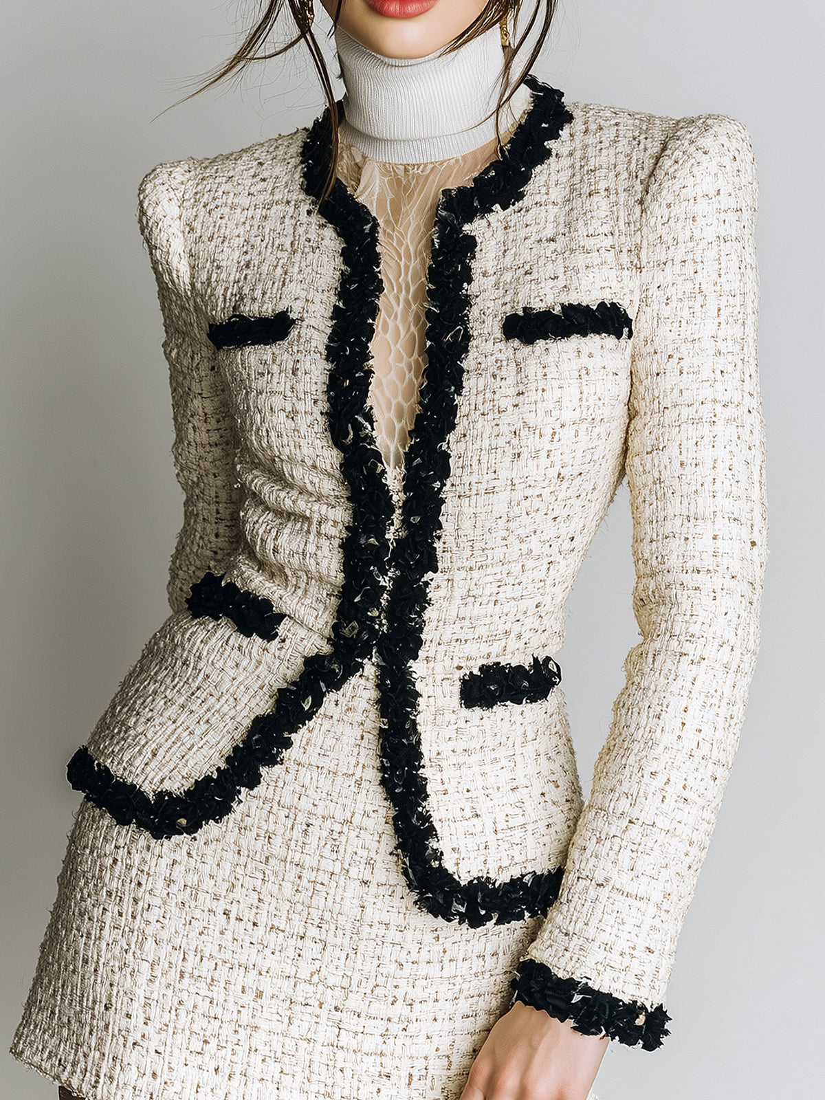 ElevenOra Vintage Elegant  Beige Tweed Contrast Trim Decorative Pocket Tailored Wast Blazer