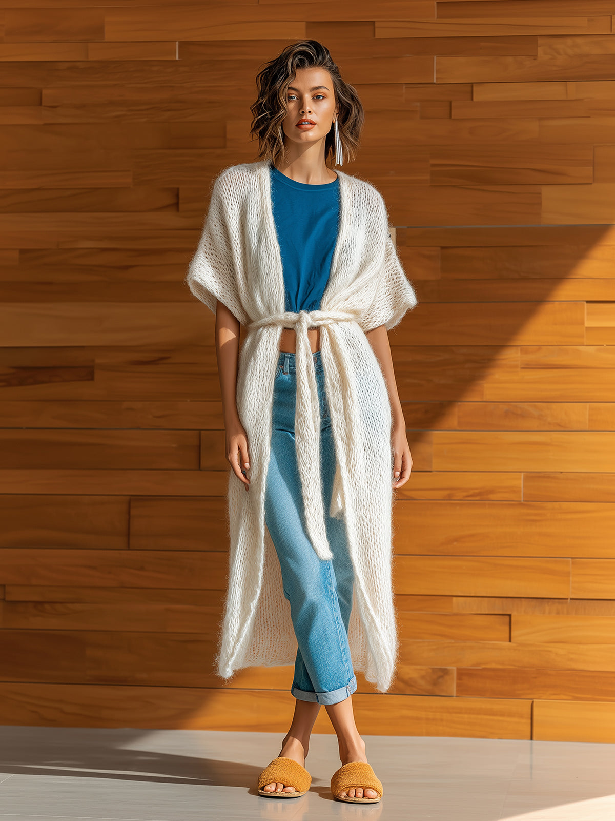 ElevenOra Chic Elegant Cream White Collarless Short-Sleeve Loose-Fit Belted Mohair Knit Long Cardigan