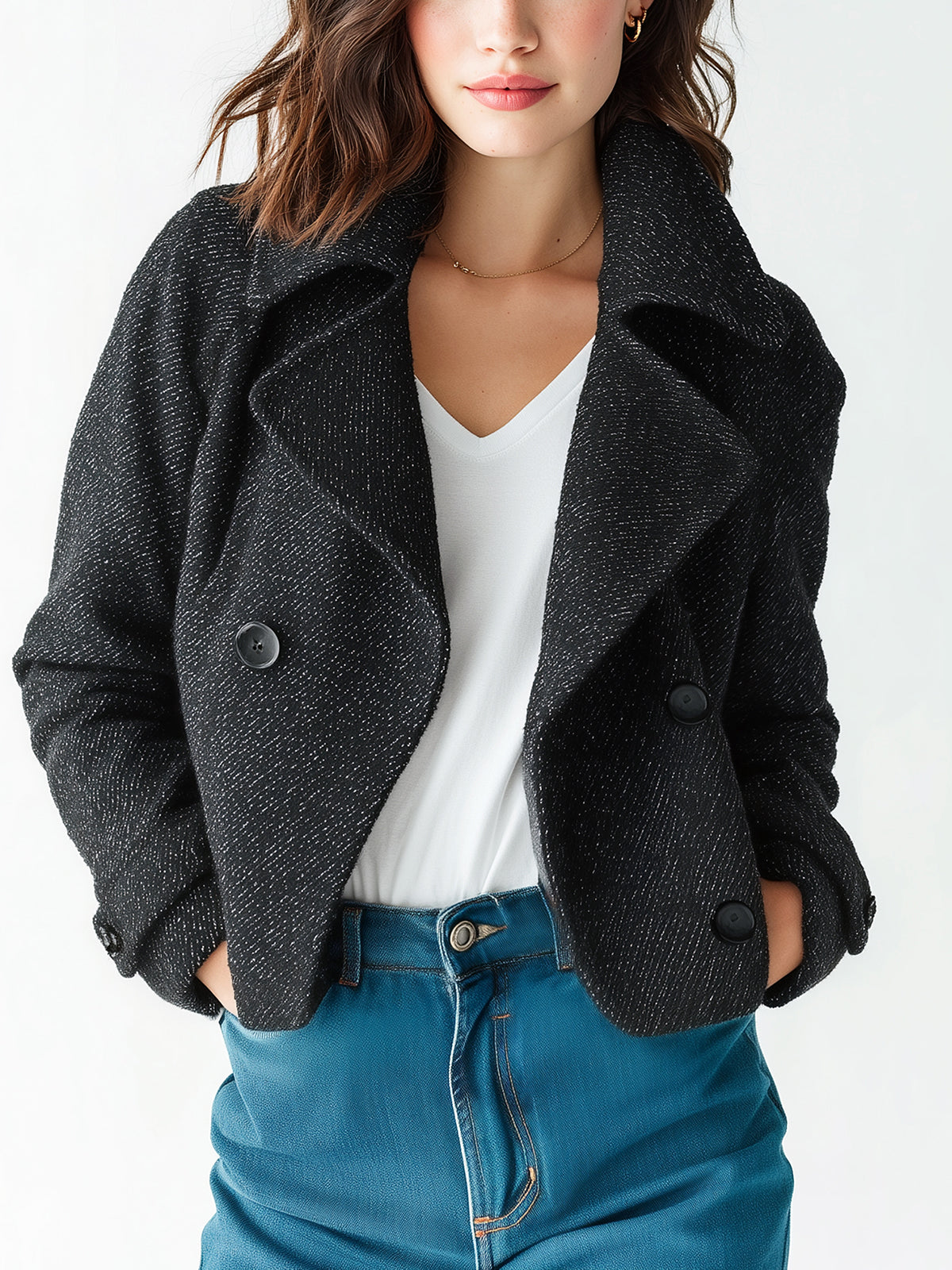 ElevenOra Chic Vintage Black Twill Wool Blend Oversized Collar Double-breasted Short Coat