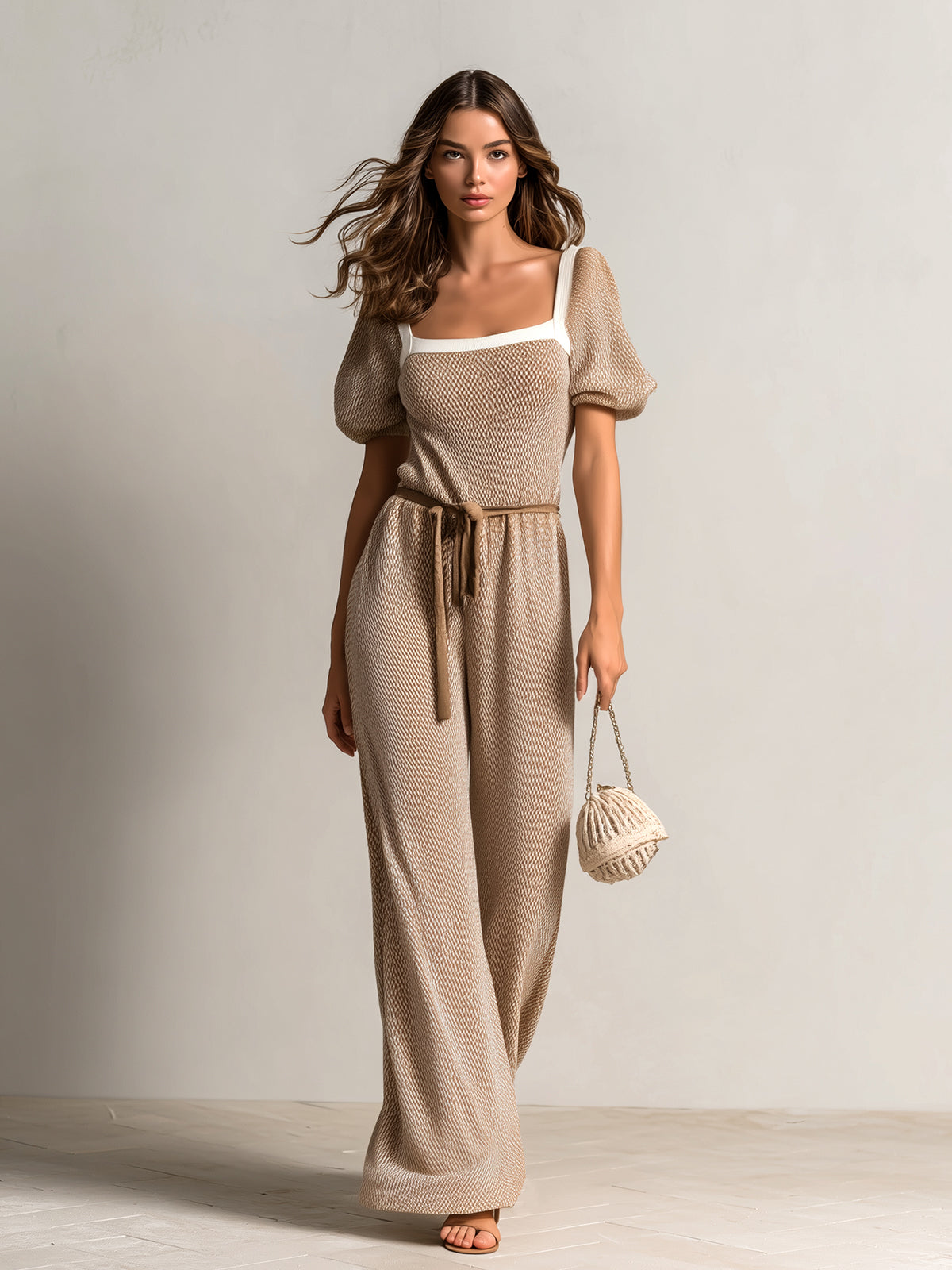 ElevenOra Chic Elegant Camel Square Neck Short Lantern Sleeve Contrast Trim Detail Tie-Waist Loose-Fit Wide-Leg Knit Jumpsuit