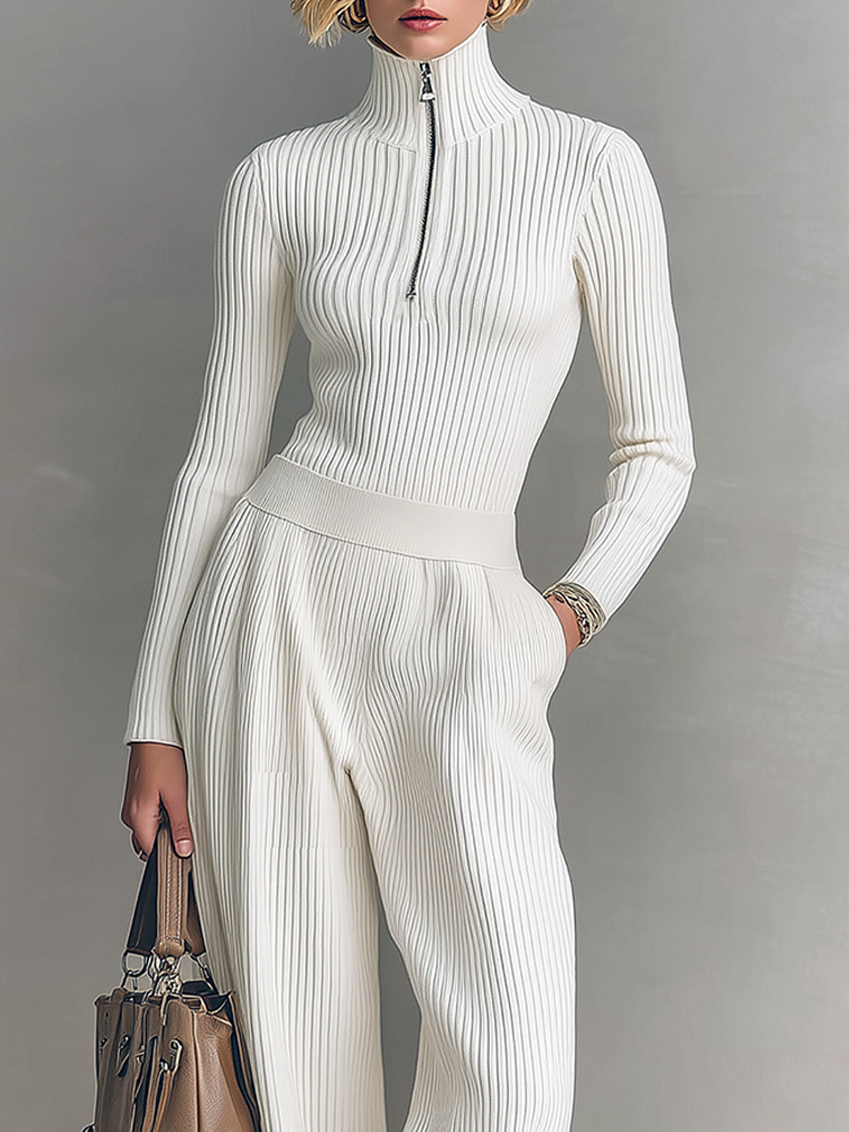 ElevenOra Chic Elegant Zip-up Mock Neck Slim-Fit Sweater Elastic Waist Wide-Leg Pants Knit Two-Piece Set