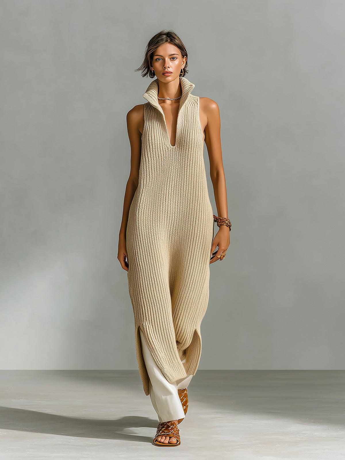 ElevenOra Chic Elegant Beige Stand Collar V-Neck Sleeveless Loose-Fit Side-Slit Ribbed Knit Maxi Dress