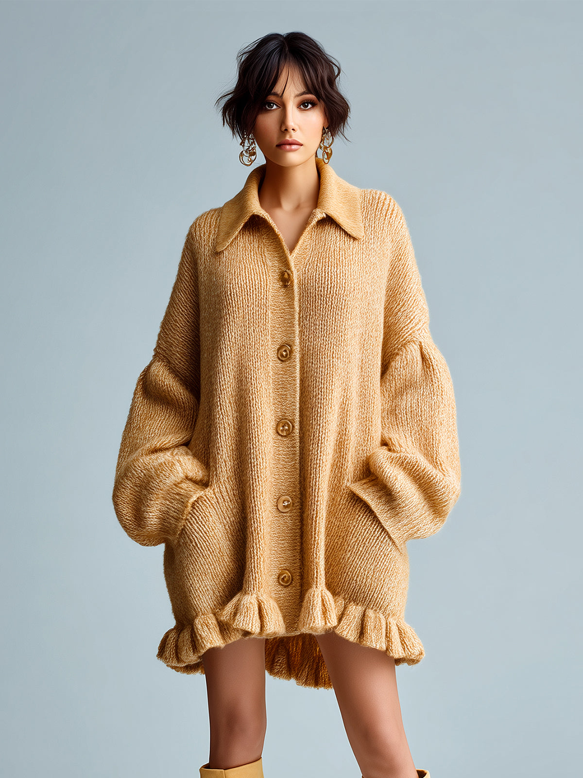 ElevenOra Chic Casual Camel Lapel Single-Breasted Lantern Sleeve Ruffled Hem Slouchy Knit Cardigan