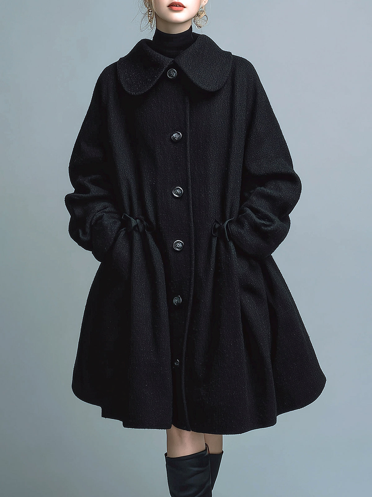 ElevenOra Vintage Wool Blend Peter Pan Collar Single-Breasted Drawstring Waist A-Line Silhouette Mid-Length Coat
