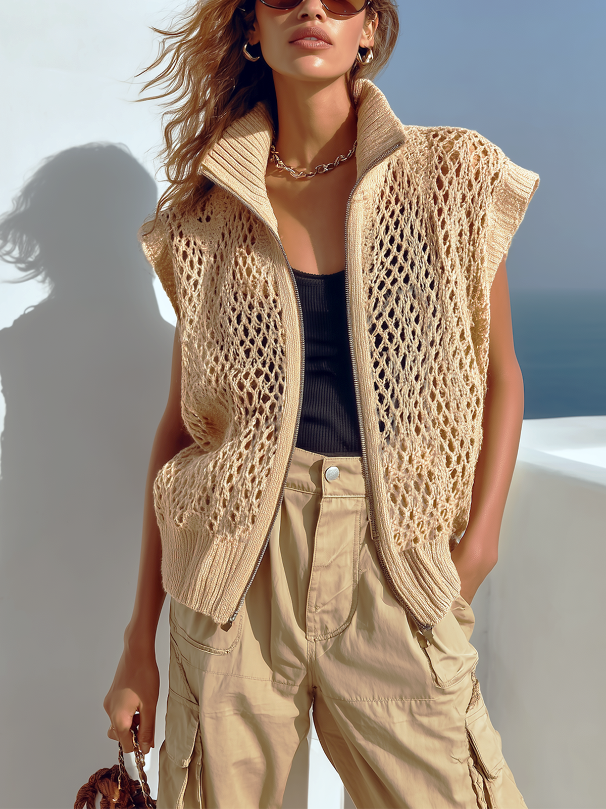 ElevenOra Chic Casual Beige Zipper-Up Stand Collar Sleeveless Loose Hollow-Out Knit Vest Top