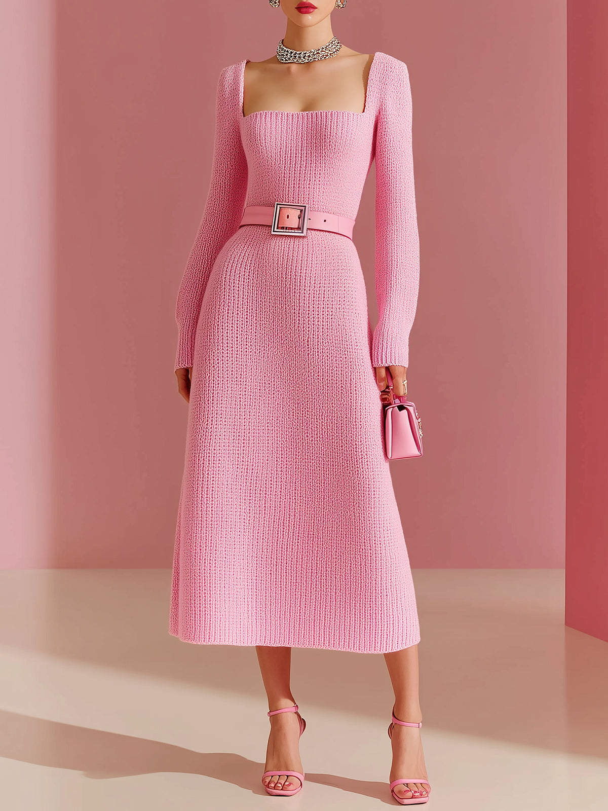ElevenOra Vintage Stylish Solid Color Square Neck Belted Long Sleeves Knit Maxi Dress