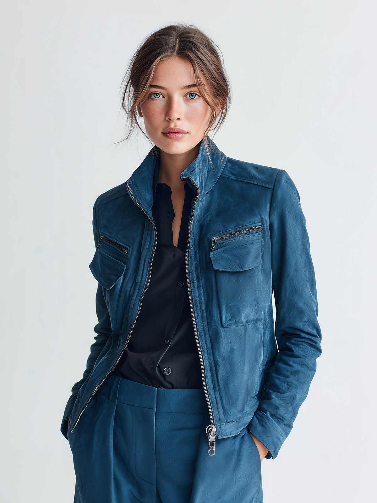 ElevenOra Chic Vintage Dark Blue Faux Suede Stand-Collar Zipper Utility-Pocket Cropped Biker Jacket