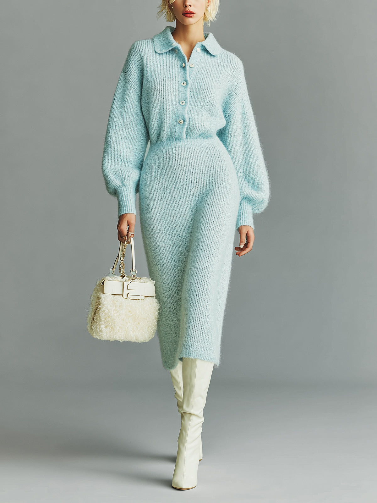 ElevenOra Chic Vintage Light Blue Lapel Button-Front Long Sleeve Tailored Waist Knit Midi Dress