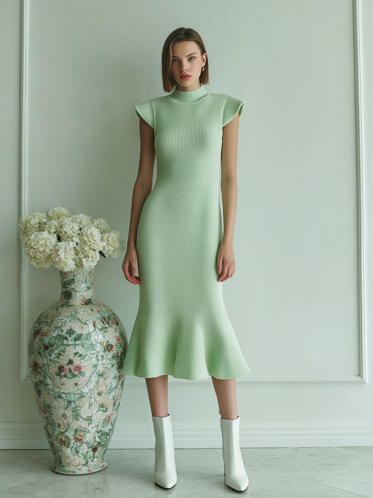 ElevenOra Chic Vintage Light Green Stand Collar Little Flying Sleeve Flared Hem Fit Knit Dress