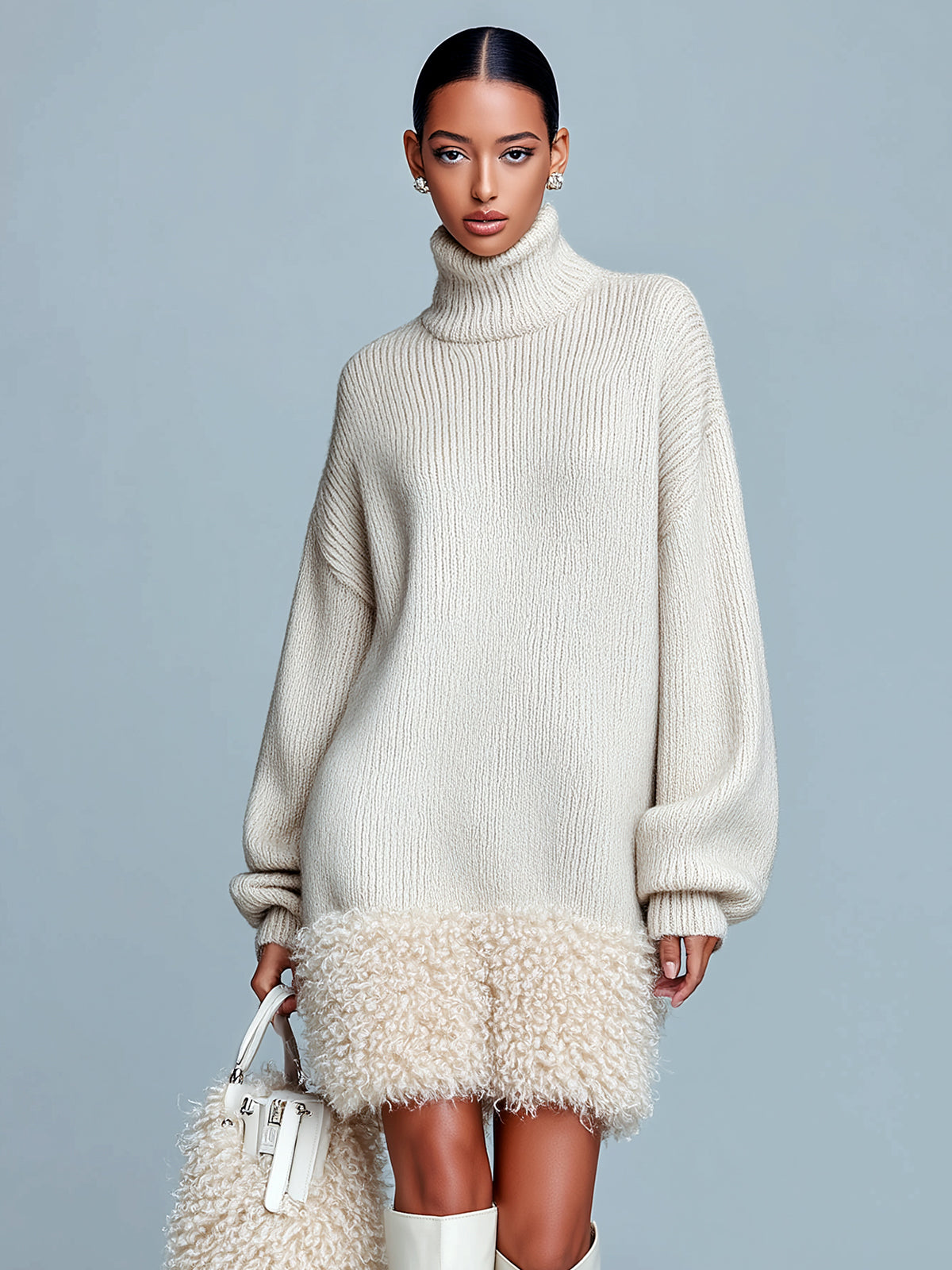 ElevenOra Chic Elegant Beige Turtleneck Long Sleeve Oversized Spliced Faux Lambswool Knit Mini Dress