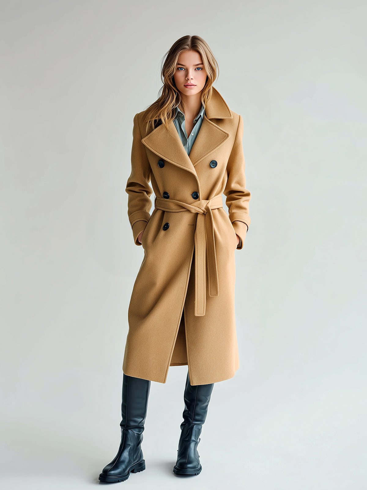 ElevenOra Chic Vintage Camel Wool Blend Oversized Lapel Double-Breasted Belted Mid-Length Warm Coat