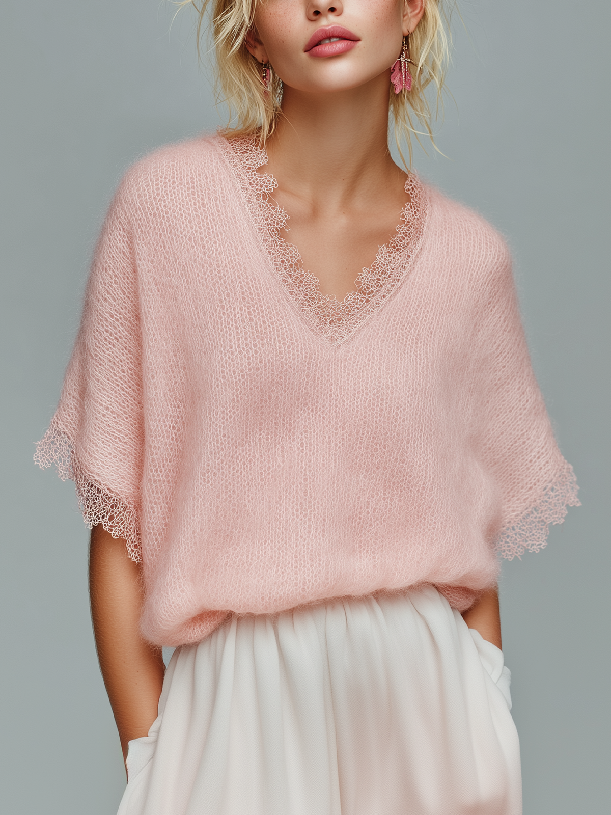 ElevenOra Chic Casual Pink Lace Trim Detail V-Neck Short-Sleeve Loose Soft Knit Sweater