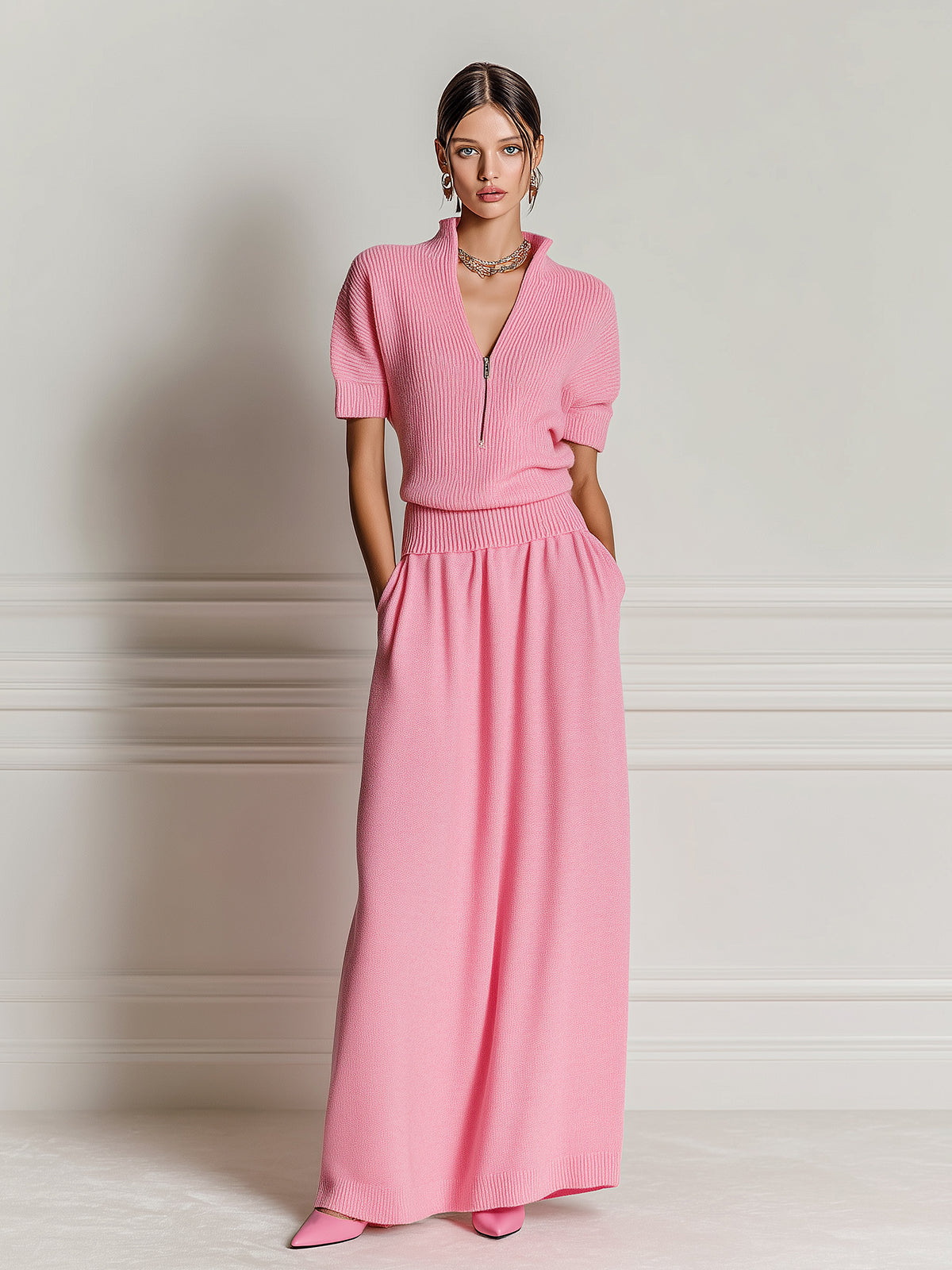 ElevenOra Chic Vintage Pink Zipper-Up V-Neck Short-Sleeve Loose-Fit Sweater A-Line Maxi Dress Knit Two-Piece Set