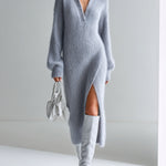 ElevenOra Chic Elegant Gray Lapel V-Neck Long Sleeve Side Slit Loose Fuzzy Knit Midi Dress