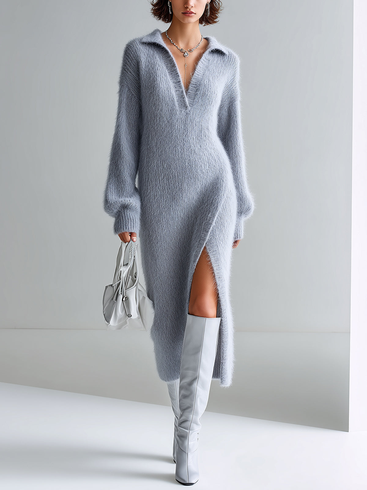 ElevenOra Chic Elegant Gray Lapel V-Neck Long Sleeve Side Slit Loose Fuzzy Knit Midi Dress