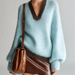 ElevenOra Chic Casual V-Neck Contrast Trim Oversized Long-Sleeve Knit Sweater Top
