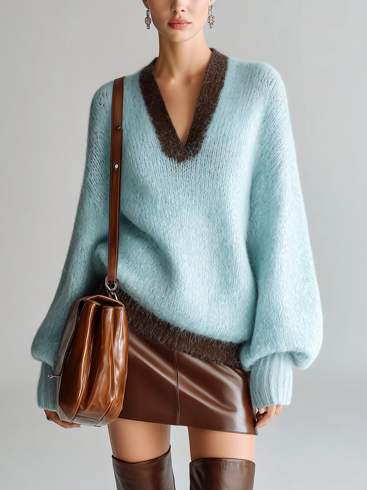 ElevenOra Chic Casual V-Neck Contrast Trim Oversized Long-Sleeve Knit Sweater Top