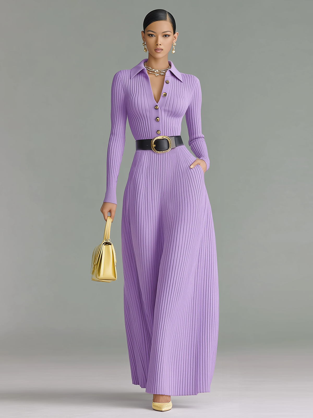 ElevenOra Chic Elegant Purple Polo Neck Tailored Waist Belted Long-Sleeved Knit Maxi Dress