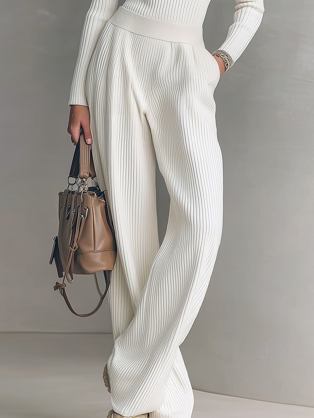ElevenOra Chic Elegant Zip-up Mock Neck Slim-Fit Sweater Elastic Waist Wide-Leg Pants Knit Two-Piece Set