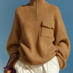 ElevenOra Chic Elegant Camel Mock Neck Half-Zip Pocket Slouchy Knit Sweater