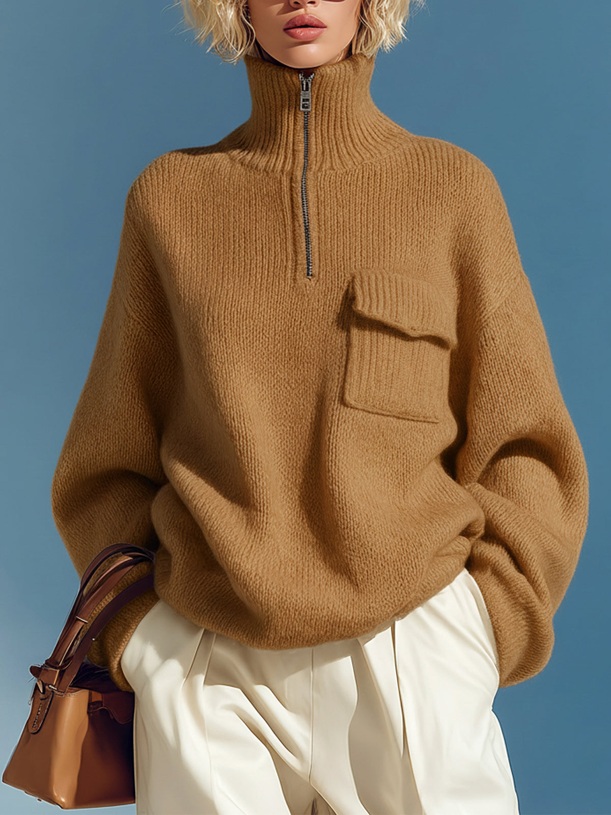 ElevenOra Chic Elegant Camel Mock Neck Half-Zip Pocket Slouchy Knit Sweater