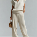ElevenOra Chic Casual White Lapel-Collar Zip-Front Sleeveless Loose Vest Wide-Leg Pants Knit Two-Piece Set