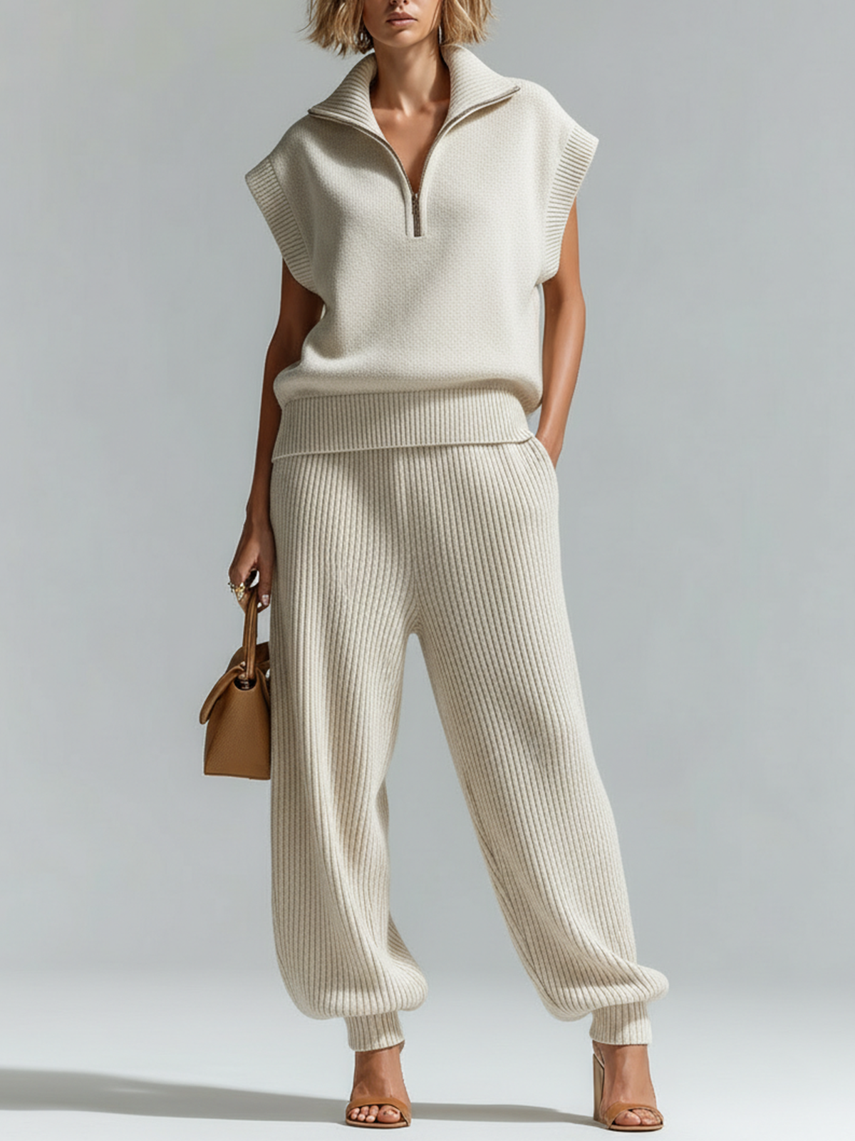 ElevenOra Chic Casual White Lapel-Collar Zip-Front Sleeveless Loose Vest Wide-Leg Pants Knit Two-Piece Set