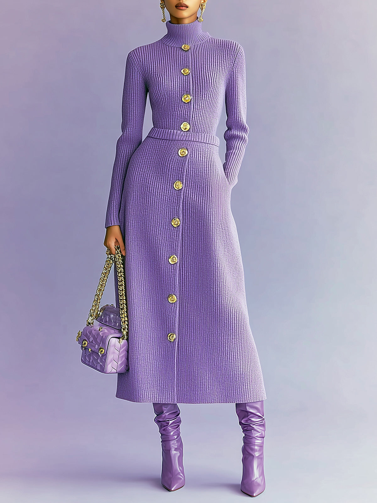 ElevenOra Vintage Elegant Turtleneck Button Detail Long Sleeve Pullover Sweater Elastic Waist Maxi Skirt Two-piece Set