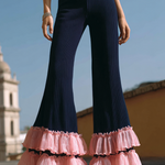 ElevenOra Chic Elegant Dark Blue High Waist Ruffles Ribbed Knit Wide-Leg Pants