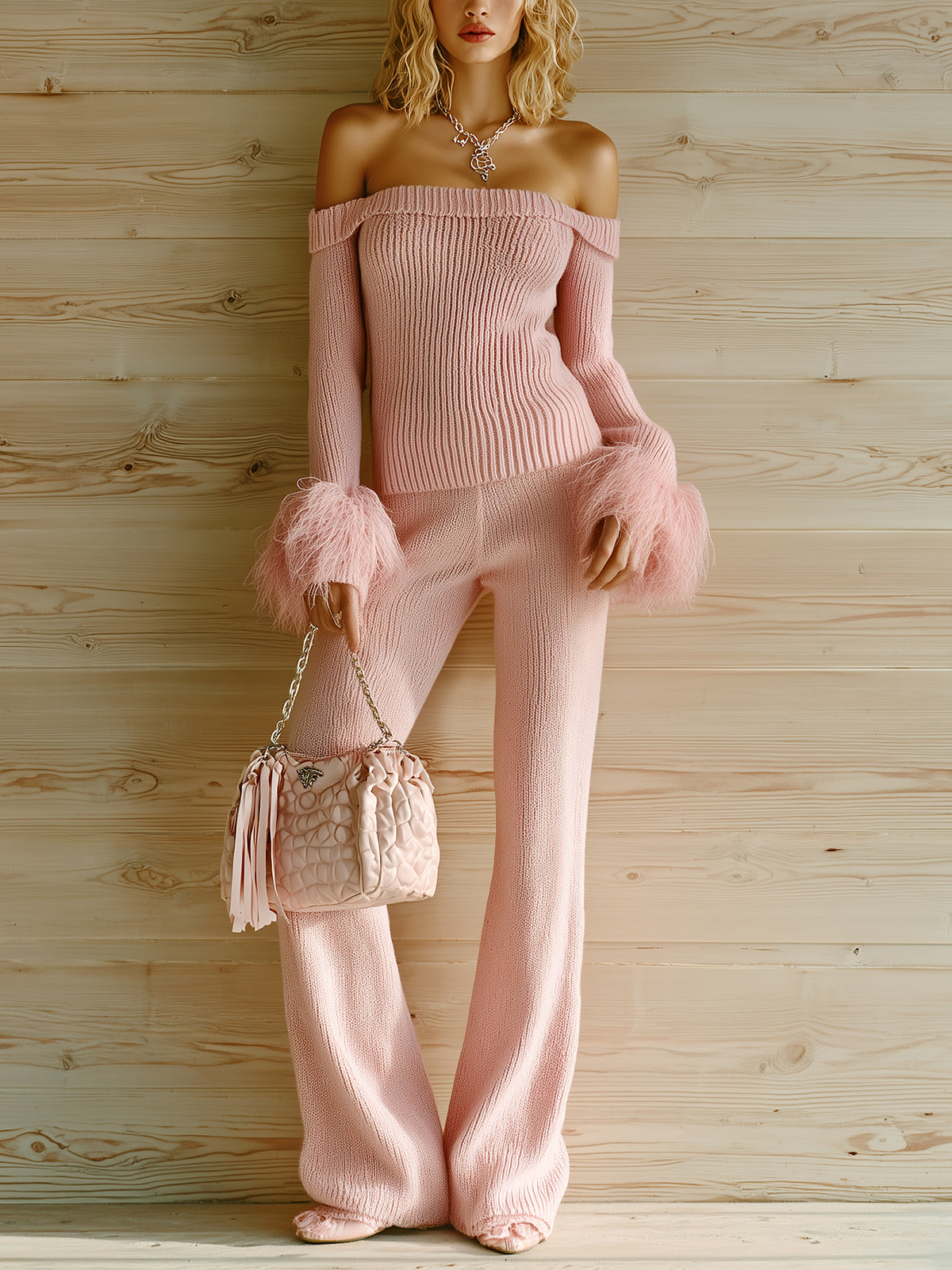 ElevenOra Chic Vintage Pink Off The Shoulder Long Sleeve Slim-Fit Faux Fur Detail Top Wide-Leg Pants Knit Two-Piece Set