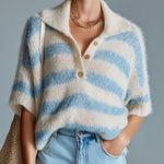 ElevenOra Chic Casual Blue White Stripes Button-Up Lapel Collar Short-Sleeve Loose-Fit Fuzzy Mohair Knit Sweater Top