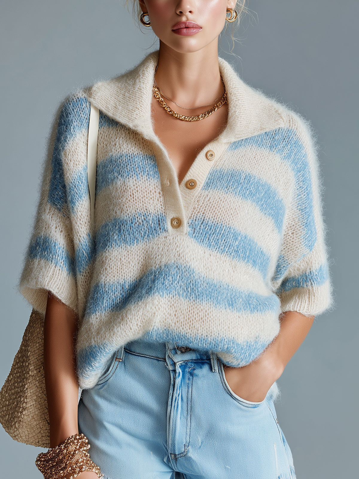 ElevenOra Chic Casual Blue White Stripes Button-Up Lapel Collar Short-Sleeve Loose-Fit Fuzzy Mohair Knit Sweater Top