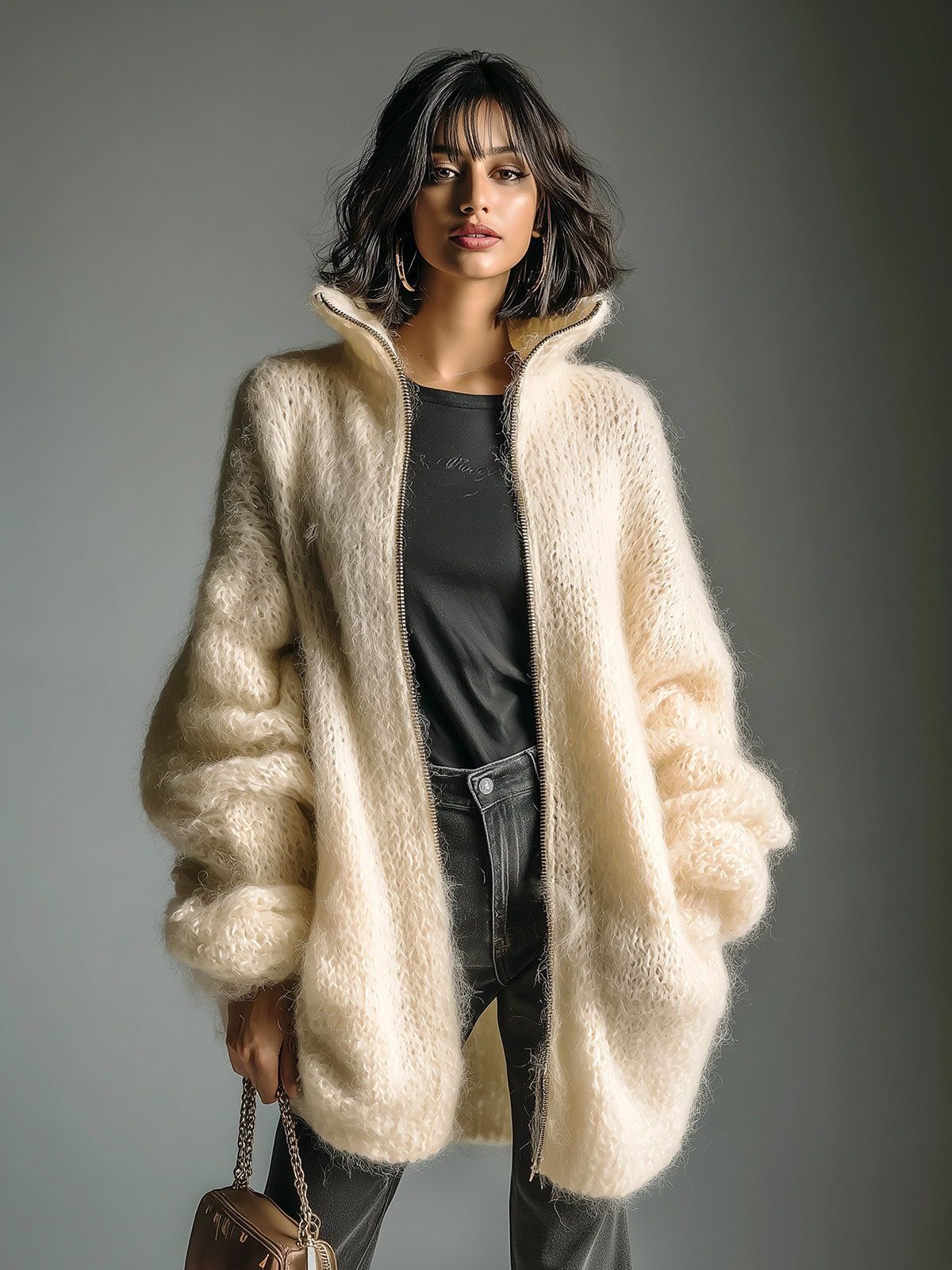 ElevenOra Chic Casual Cream White Stand Collar Zip-Up Fuzzy Lantern Sleeve Slouchy Knit Cardigan