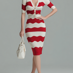 ElevenOra Stylish Elegant Red-White Wavy Stripe Lapel Button-Front Short-Sleeve Slim-Fit Ribbed Knit Midi Dress With Leather Belt