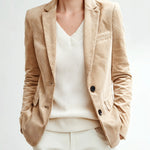 ElevenOra Office Casual Beige Corduroy Notch Lapel Black Button Slim-Fit Blazer