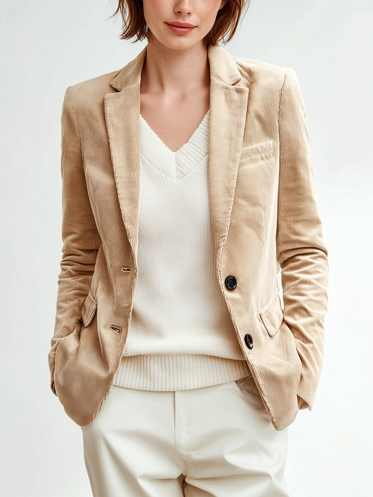 ElevenOra Office Casual Beige Corduroy Notch Lapel Black Button Slim-Fit Blazer