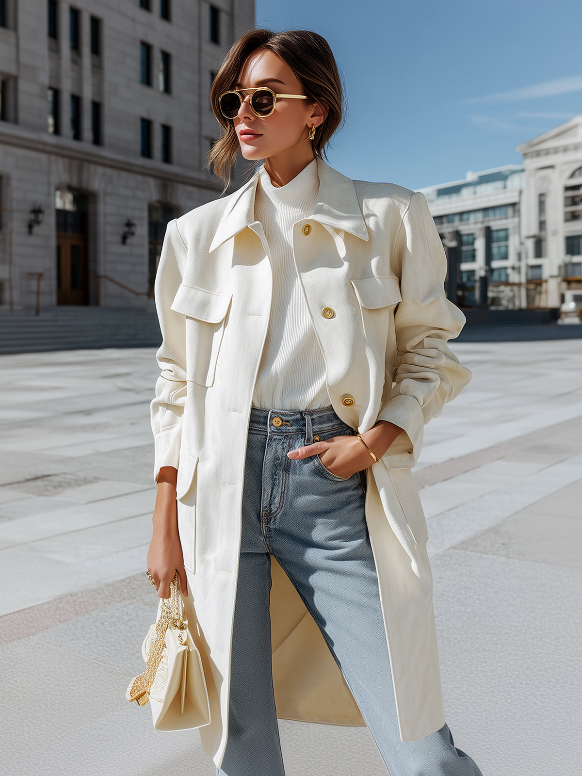 ElevenOra Chic Casual Faux Suede Lapel Single-breasted Multi-pocket Oversized Trench Coat