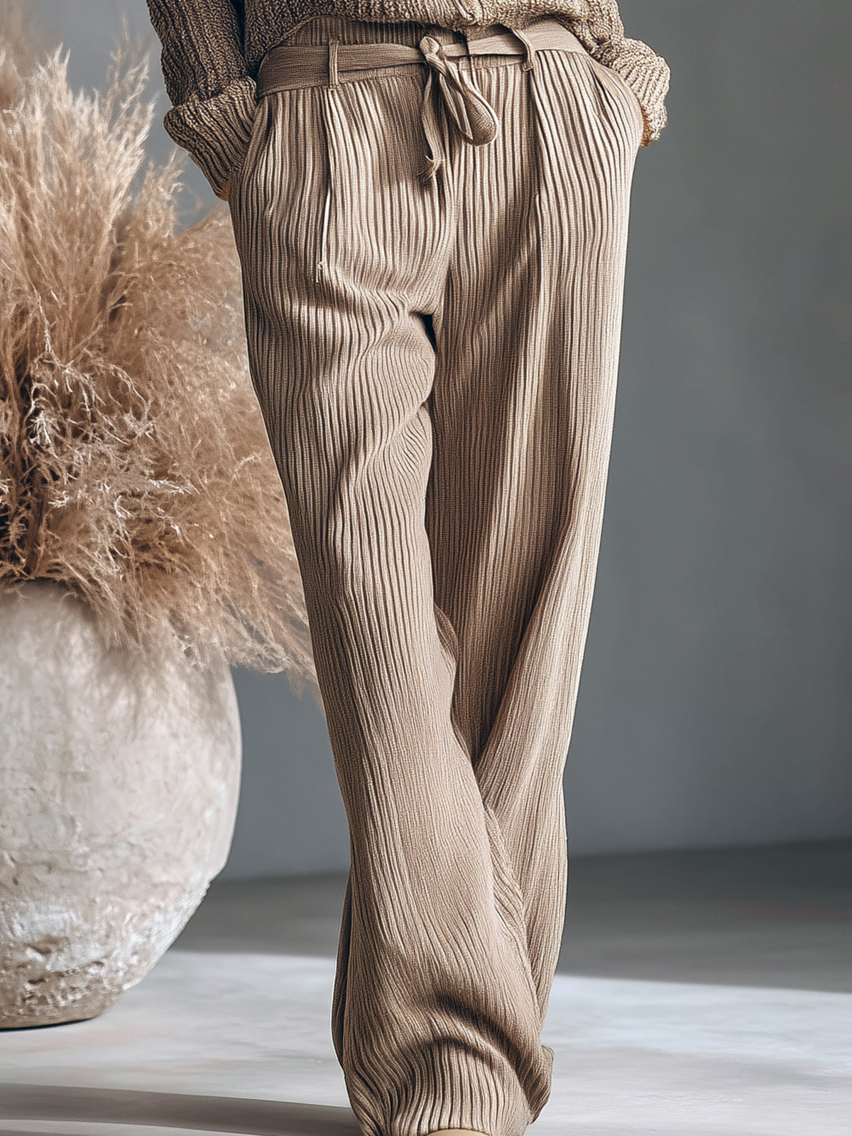 ElevenOra Chic Stand-up Collar Single-breasted Long-sleeved Cardigan Belted Wide-leg Pants Ribbed Knit Two-piece Set