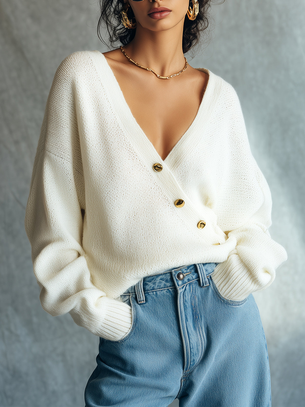 ElevenOra Chic Elegant Ivory Color Deep V-Neck Long-Sleeve Gold Button Details Loose Soft Knit Sweater Top