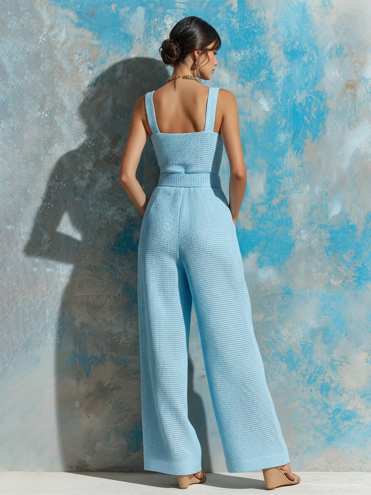 ElevenOra Chic Elegant Sky Blue Wide Strap Square-Neck Sleeveless Tie-Waist Waffle Textured Fabric Wide-Leg Jumpsuit