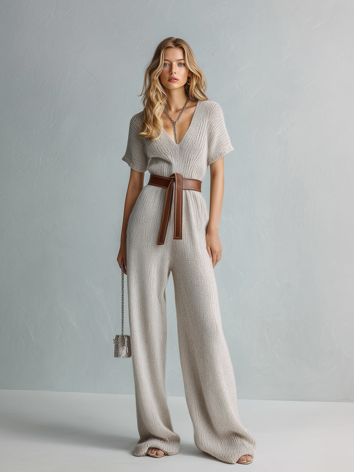 ElevenOra Chic Elegant Light Gray V-Neck Short-Sleeve Belted Loose-Fit Wide-Leg Knit Jumpsuit