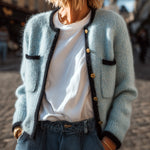 ElevenOra Chic Elegant Light Blue With Black Contrast Trim Gold Button Patch Pocket Cropped Knit Cardigan