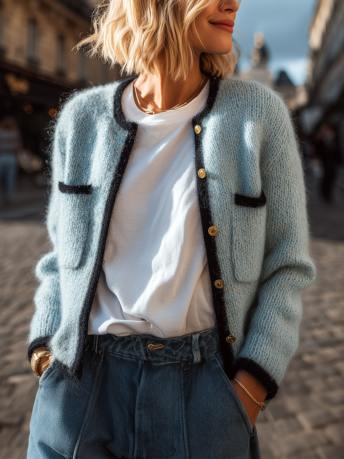 ElevenOra Chic Elegant Light Blue With Black Contrast Trim Gold Button Patch Pocket Cropped Knit Cardigan